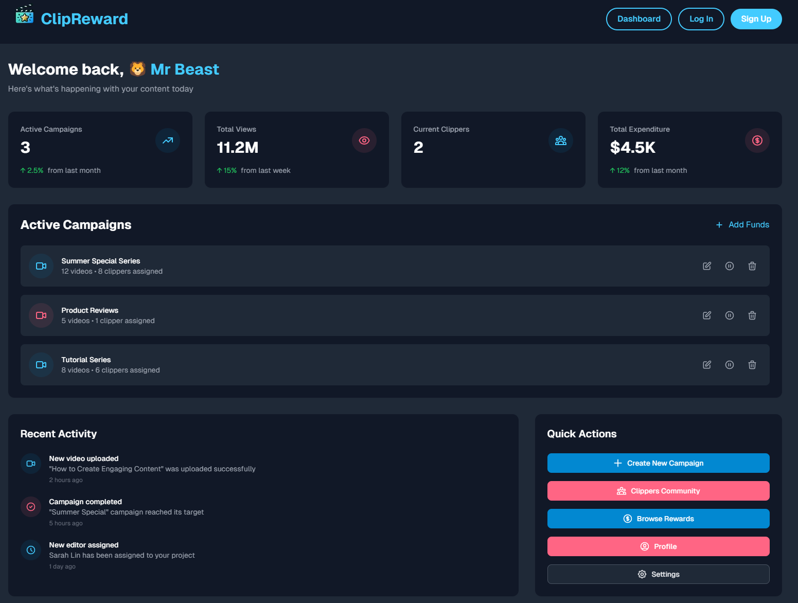 ClipReward Dashboard Preview